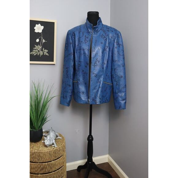 Vintage Lyn Made in Canada Blue Graffiti Leather Jacket – Size 16 - Picture 1 of 6